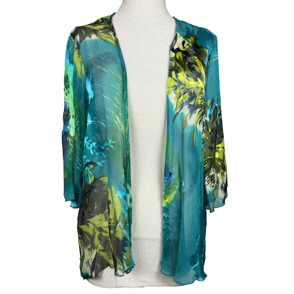 Simply Silk Kimono Top Women M Green Floral Sheer Open Topper Jacket Artsy Asian